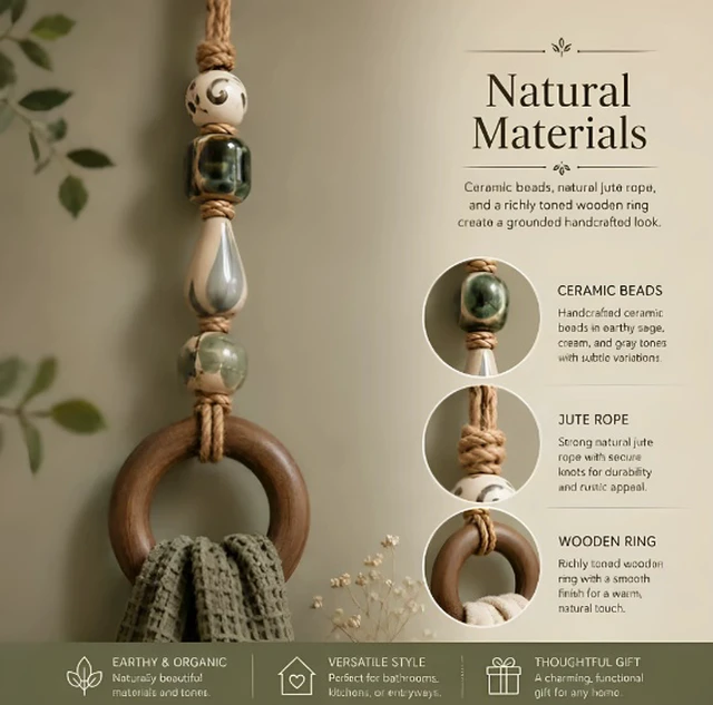 Alt view image 3 of 7 - Decorative Beaded Towel Hanger with Wooden Ring, Boho Towel Holder,Green 2PCS