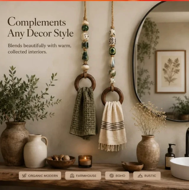 Alt view image 2 of 7 - Decorative Beaded Towel Hanger with Wooden Ring, Boho Towel Holder,Green 2PCS