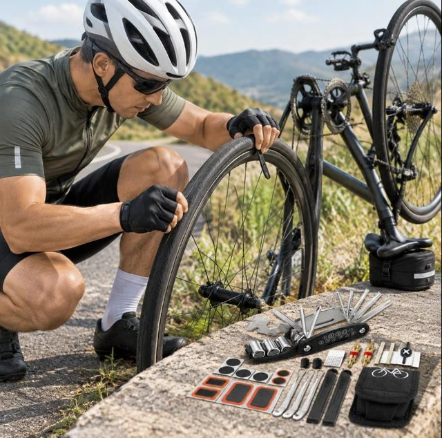 Alt view image 5 of 6 - Bicycle Tire Repair Kit Mountain Bike Maintenance Set (16-in-1 Multi-Tool, Tire Levers, Patches, Valve Cores) with Portable Storage Bag Emergency Cycling Repair