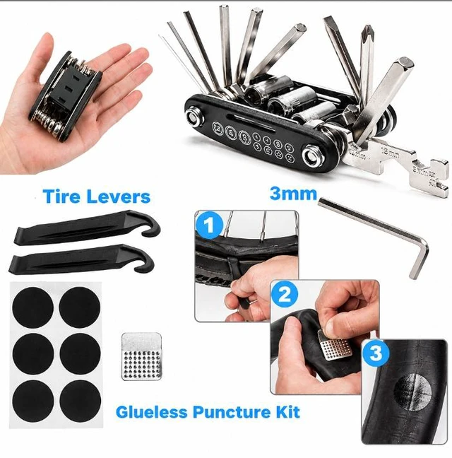 Alt view image 2 of 6 - Bicycle Tire Repair Kit Mountain Bike Maintenance Set (16-in-1 Multi-Tool, Tire Levers, Patches, Valve Cores) with Portable Storage Bag Emergency Cycling Repair