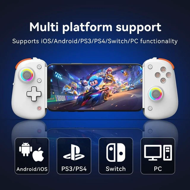 Alt view image 4 of 7 - Wireless Controller D8 Pro for 13in iPad, Tablet, iOS/Android/PC/Switch/PS4, 7-color RGB, Mobile Cloud Game, Streaming on PS/Xbox/PC Console, iPhone 16/15/14, Hall Effects Joysticks, White