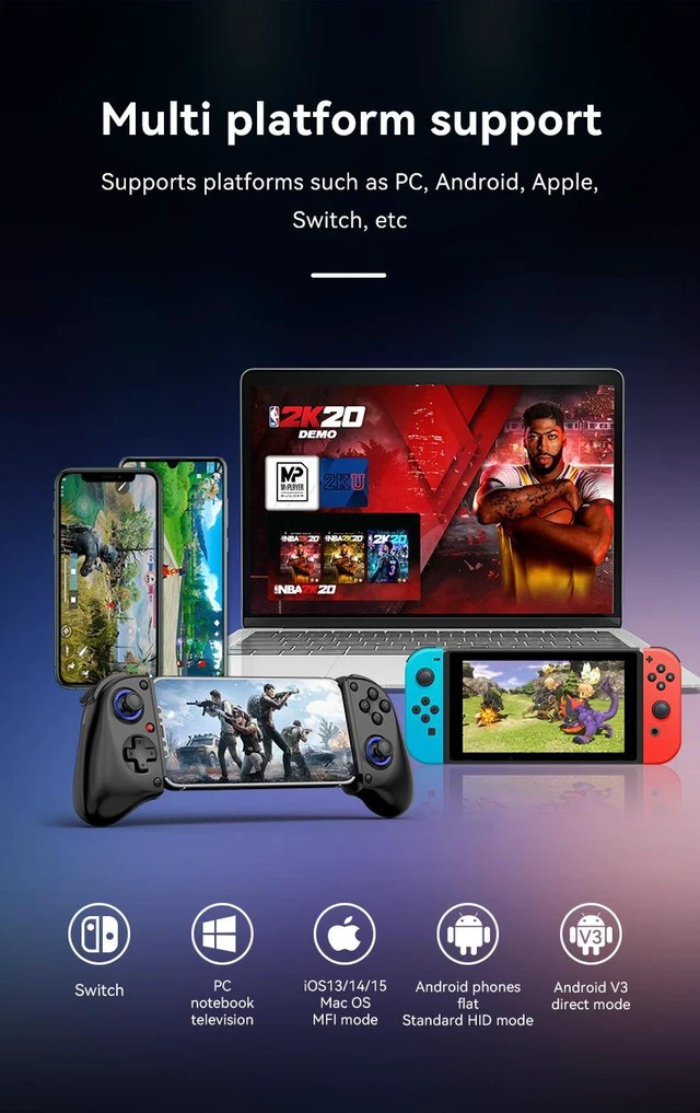 Alt view image 7 of 7 - D11 Gaming Controller with Hall Trigger & Joystick Wireless Bluetooth Streaming Gamepad for Switch/PC/Android/iOS, Stretch Design for Phone/Tablet/Emulator - black