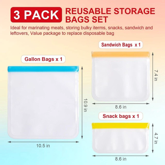 Alt view image 2 of 7 - Reusable Food Storage Silicone Bags, Reusable Snack BagsLeakproof Freezer, BPA Free, 1 Gallon 1 Snack 1 Sandwich Bags, for Home Kitchen, Marinate Food TravelFridge Organization (3)