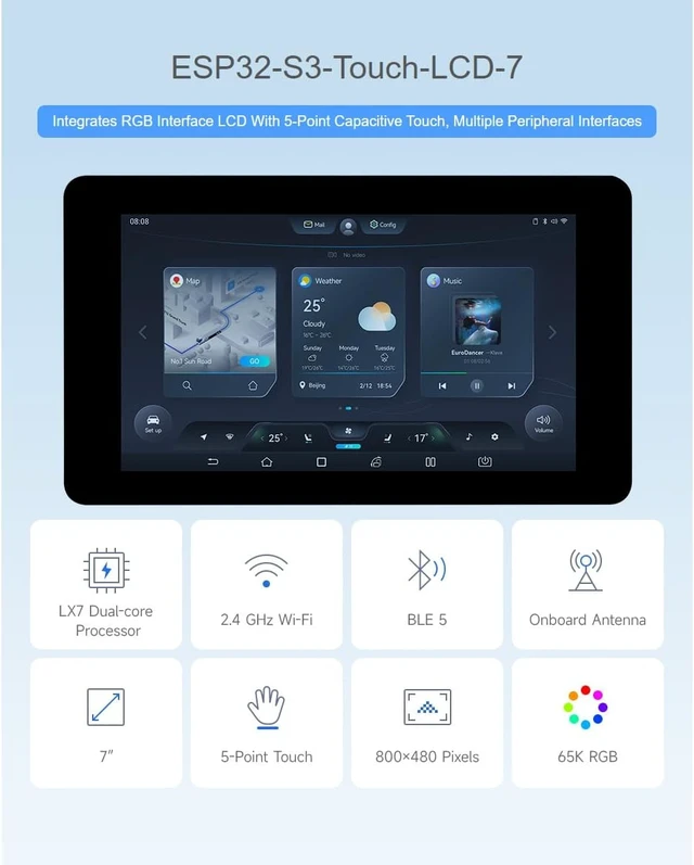 Alt view image 2 of 7 - ESP32-S3 7inch Capacitive Touch Screen Development Board 800×480 Resolution 7 inch 65K RGB LCD Disply,5-Point Touch,Supports WiFi & Bluetooth