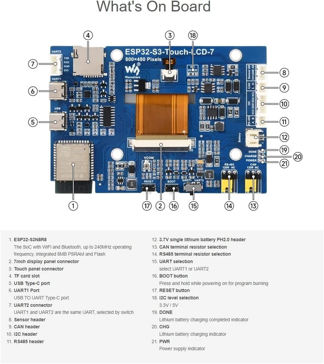 Alt view image 6 of 7 - ESP32-S3 7inch Capacitive Touch Screen Development Board 800×480 Resolution 7 inch 65K RGB LCD Disply,5-Point Touch,Supports WiFi & Bluetooth