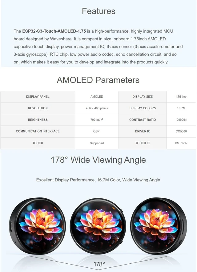 Alt view image 5 of 7 - ESP32-S3 1.75inch AMOLED Round Touch Display Development Board with Case 466×466 Pixels 16.7M Color Display,QSPI Interface,Support Wi-Fi and BLE 5