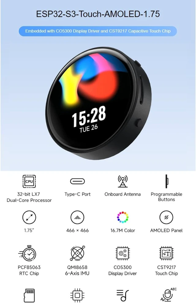 Alt view image 2 of 7 - ESP32-S3 1.75inch AMOLED Round Touch Display Development Board with Case 466×466 Pixels 16.7M Color Display,QSPI Interface,Support Wi-Fi and BLE 5