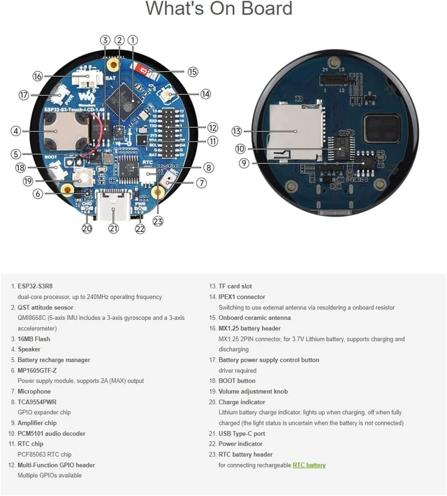 Alt view image 5 of 7 - ESP32-S3 1.46inch Round Display Development Board with Protective Cover Glass 412×412 Resolution 16.7M Color Capacitive Touch IPS Display Panel Onboard Speaker and Microphone