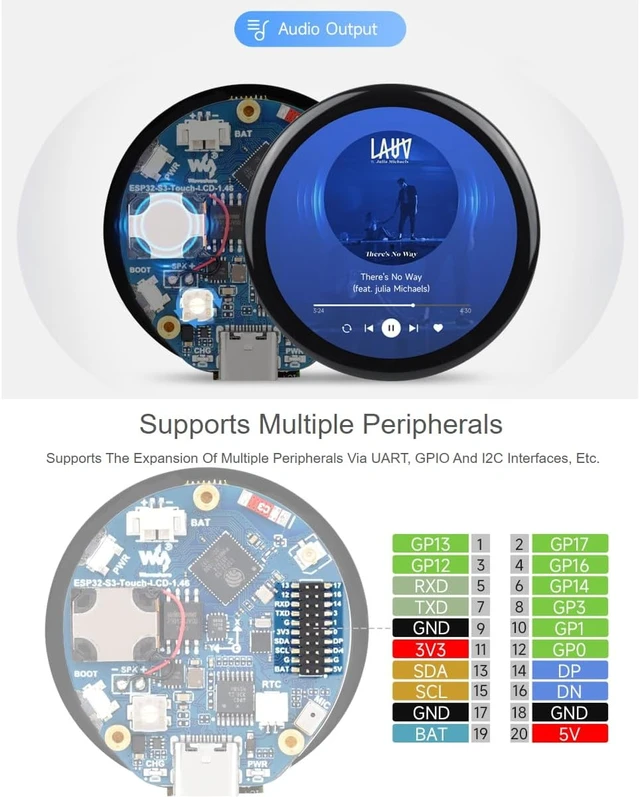 Alt view image 3 of 7 - ESP32-S3 1.46inch Round Display Development Board with Protective Cover Glass 412×412 Resolution 16.7M Color Capacitive Touch IPS Display Panel Onboard Speaker and Microphone