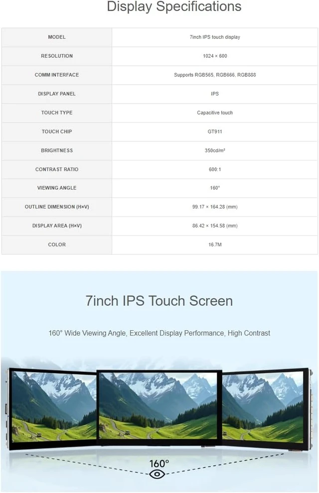 Alt view image 4 of 7 - ESP32-P4-WIFI6 7inch IPS Touch Display Development Board,1024 × 600 LCD
Based On ESP32-P4 And ESP32-C6, Capacitive 5-Point Touch Screen Supports Wi-Fi 6 / Bluetooth 5 (LE), Secure Boot