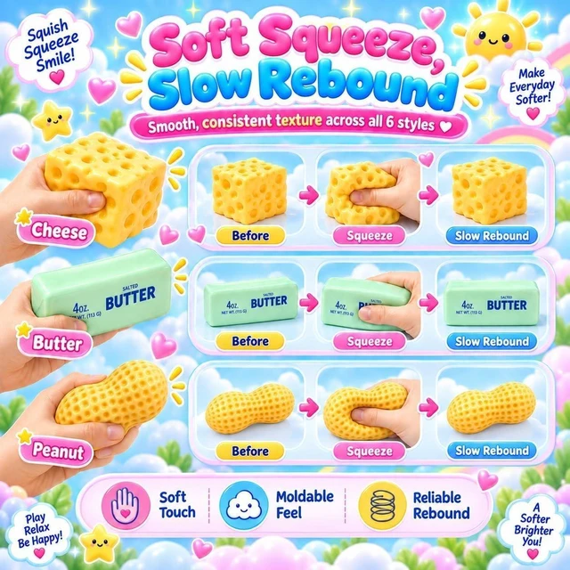 Alt view image 6 of 7 - 6 Pack Crunchy Squishy Box Slow Crunchy Squishies Set (6pcs E)
Butter Peanut Pudding Cream Cheese Potato Asmr Filled, Squeeze Stress Ball Rebound Calming Desk Decor Moldable Adults