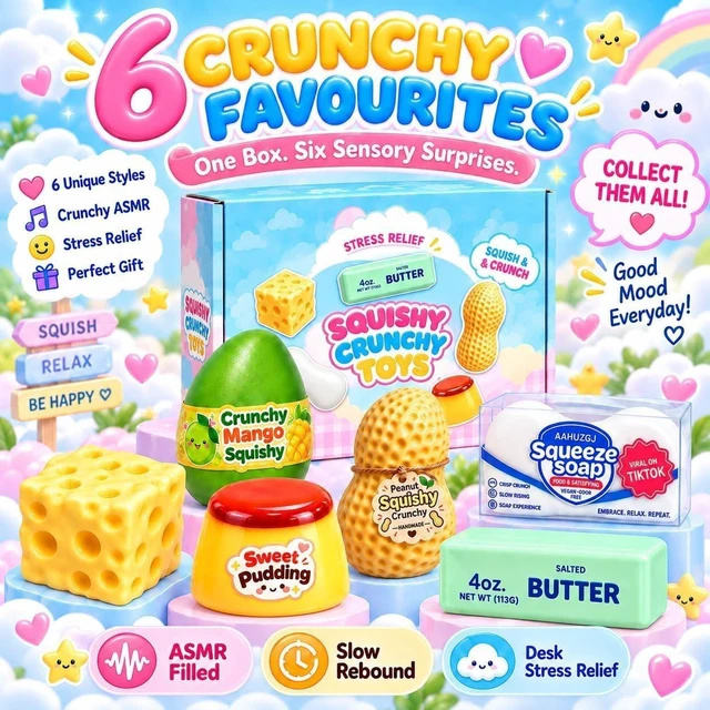 Alt view image 2 of 7 - 6 Pack Crunchy Squishy Box Slow Crunchy Squishies Set (6pcs E)
Butter Peanut Pudding Cream Cheese Potato Asmr Filled, Squeeze Stress Ball Rebound Calming Desk Decor Moldable Adults