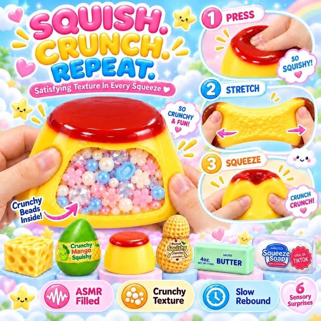 Alt view image 3 of 7 - 6 Pack Crunchy Squishy Box Slow Crunchy Squishies Set (6pcs E)
Butter Peanut Pudding Cream Cheese Potato Asmr Filled, Squeeze Stress Ball Rebound Calming Desk Decor Moldable Adults
