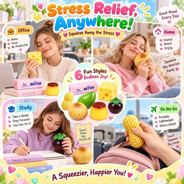 Alt view image 5 of 7 - 6 Pack Crunchy Squishy Box Slow Crunchy Squishies Set (6PCS C) Butter Peanut Pudding Cream Cheese Potato Asmr Filled, Squeeze Stress Ball Rebound Calming Desk Decor Moldable Adults