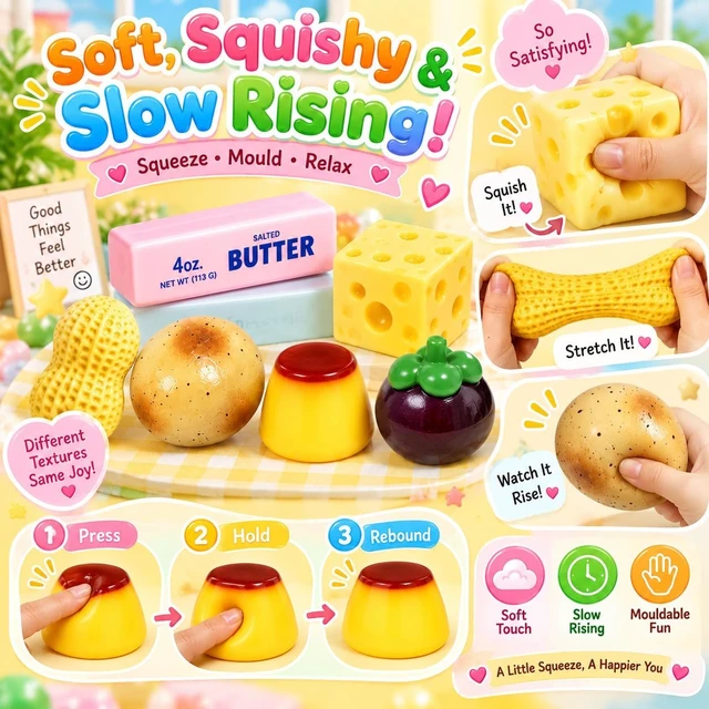 Alt view image 4 of 7 - 6 Pack Crunchy Squishy Box Slow Crunchy Squishies Set (6PCS C) Butter Peanut Pudding Cream Cheese Potato Asmr Filled, Squeeze Stress Ball Rebound Calming Desk Decor Moldable Adults