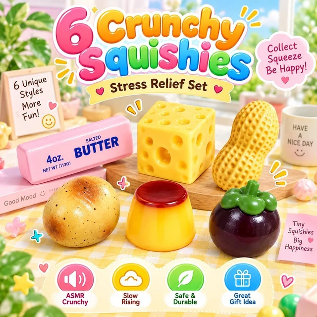 Alt view image 2 of 7 - 6 Pack Crunchy Squishy Box Slow Crunchy Squishies Set (6PCS C) Butter Peanut Pudding Cream Cheese Potato Asmr Filled, Squeeze Stress Ball Rebound Calming Desk Decor Moldable Adults