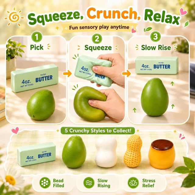 Alt view image 3 of 6 - 5 Pack Crunchy Squishy Slow Crunchy Squishies Squeeze Stress Ball
Butter Mango Peanut Soap Pudding Asmr Filled, Stress Stick Desk Decor Moldable Adults Party Favor