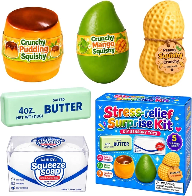 Main image of 5 Pack Crunchy Squishy Slow Crunchy Squishies Squeeze Stress Ball
Butter Mango Peanut Soap Pudding Asmr Filled, Stress Stick Desk Decor Moldable Adults Party Favor