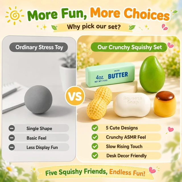 Alt view image 4 of 6 - 5 Pack Crunchy Squishy Slow Crunchy Squishies Squeeze Stress Ball
Butter Mango Peanut Soap Pudding Asmr Filled, Stress Stick Desk Decor Moldable Adults Party Favor