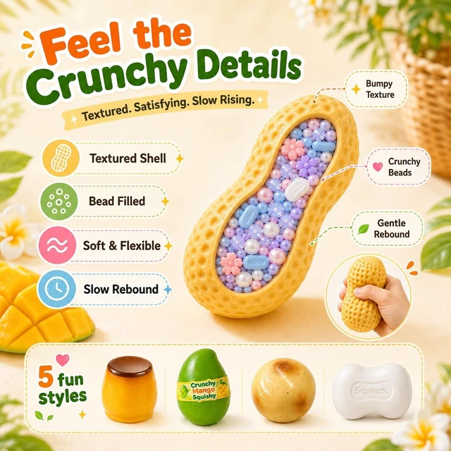 Alt view image 3 of 7 - 5 Pack Crunchy Squishy Slow Crunchy Squishies Squeeze Stress Ball
Butter Mango Peanut Soap Pudding Asmr Filled, Stress Stick Rebound Calming Desk Decor Moldable Adults Party Favor