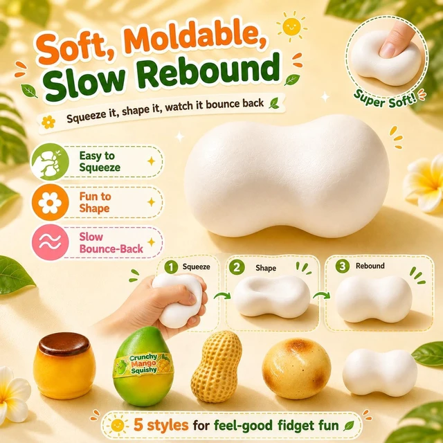 Alt view image 7 of 7 - 5 Pack Crunchy Squishy Slow Crunchy Squishies Squeeze Stress Ball
Butter Mango Peanut Soap Pudding Asmr Filled, Stress Stick Rebound Calming Desk Decor Moldable Adults Party Favor