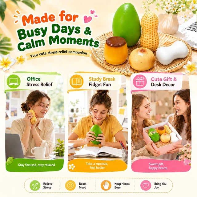 Alt view image 5 of 7 - 5 Pack Crunchy Squishy Slow Crunchy Squishies Squeeze Stress Ball
Butter Mango Peanut Soap Pudding Asmr Filled, Stress Stick Rebound Calming Desk Decor Moldable Adults Party Favor