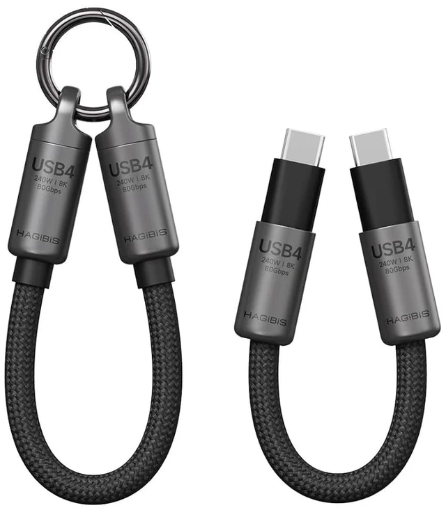 Main image of Hagibis USB4 Cable Portable Keychain 0.5ft, 80Gpbs 240W 8K@60Hz Short C to C Cable Lanyard Type-C Cable for iPhone Duo 18 17 16 15 Pro Max, iPad Pro, Thunderbolt 5/4/3, External SSD (Grey)