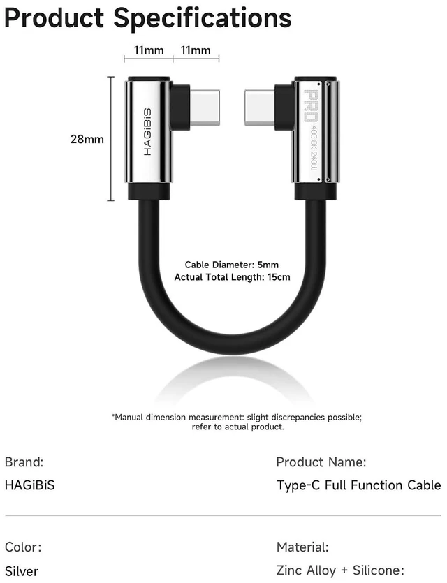 Alt view image 7 of 7 - Hagibis 0.5ft 90 Degree USB4 Cable, 40Gbps Data Transfer, 8K@60Hz Video Display, 240W Fast Charging Right Angle USB-C Cable, Short Type-C Cable for iPhone 17 16 15 Pro Max, iPad Pro, Laptop