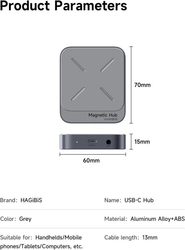 Alt view image 7 of 7 - Hagibis Magnetic USB C Hub with Magsafe for iPhone 17 16 15 Pro Max, 6 in 1 Type-C Docking Station SD4.0 Micro SD4.0 Card Solt 100W PD 10Gbps USB-C AUX for MacBook Pro Air, iPad Pro (TC100S)