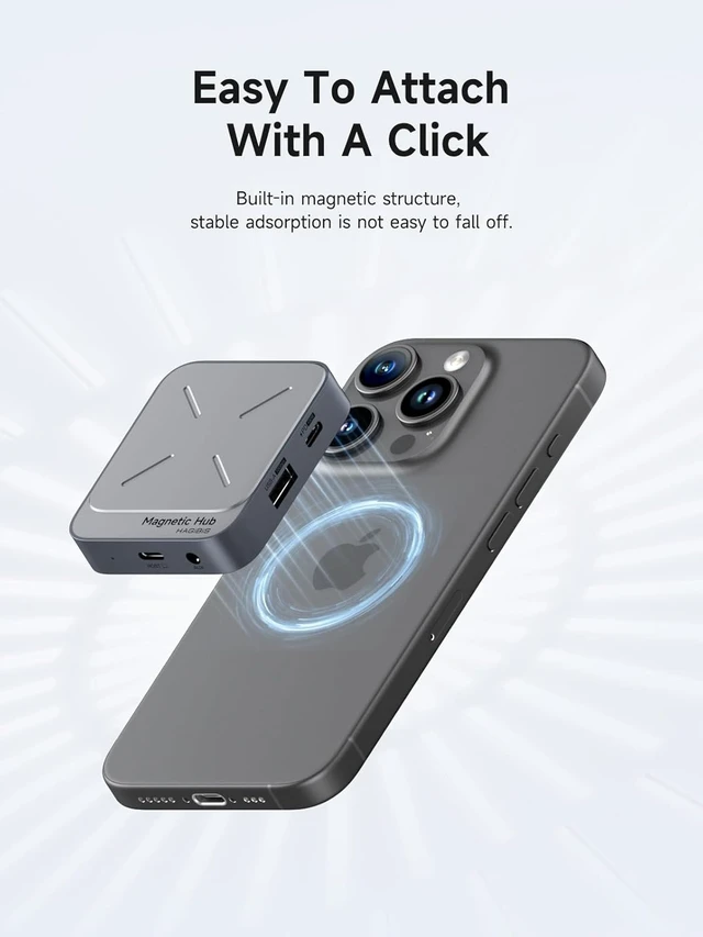 Alt view image 3 of 7 - Hagibis Magnetic USB C Hub with Magsafe for iPhone 17 16 15 Pro Max, 6 in 1 Type-C Docking Station SD4.0 Micro SD4.0 Card Solt 100W PD 10Gbps USB-C AUX for MacBook Pro Air, iPad Pro (TC100S)