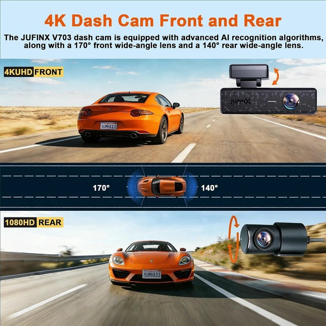 Alt view image 4 of 7 - 4K Dash Cam Front and Rear,64GB Card,with Find My Function, 5.8GHz WiFi
Dash Camera for Cars,WDR Night Vision Technology, 170° Wide-Angle Shooting and 24-Hour Parking Monitoring Mode.