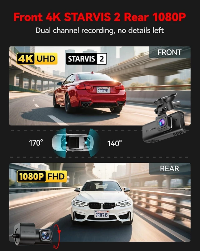 Alt view image 4 of 7 - 4K STARVIS 2 Dashcam Front Rear, 5GHz WiFi 20MB/s, Free 128GB Card
Voice Control, Touch Screen, GPS, Loop Recording, Parking Mode, Audio Recording, WDR Night Vision, Supercapacitor(F7N Touch