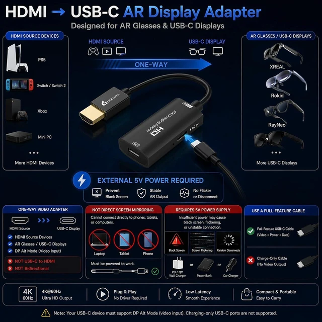 Alt view image 4 of 7 - AR Glasses HDMI to USB-C Display Adapter, 4K@60Hz Video Converter
Switch 2/1, Xbox1, PS4/5 HDMI Source to USB-C Display Converter, for XREAL /Air Pro/RayNeo/Rokid, Portable Monitors (Black)