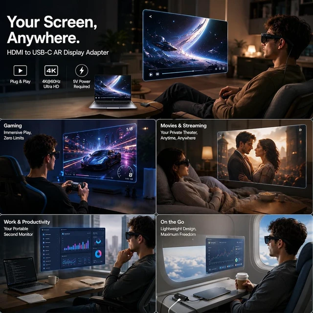 Alt view image 5 of 7 - AR Glasses HDMI to USB-C Display Adapter, 4K@60Hz Video Converter
Switch 2/1, Xbox1, PS4/5 HDMI Source to USB-C Display Converter, for XREAL /Air Pro/RayNeo/Rokid, Portable Monitors (Black)