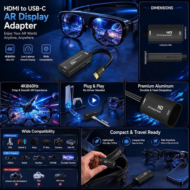 Alt view image 3 of 7 - AR Glasses HDMI to USB-C Display Adapter, 4K@60Hz Video Converter
Switch 2/1, Xbox1, PS4/5 HDMI Source to USB-C Display Converter, for XREAL /Air Pro/RayNeo/Rokid, Portable Monitors (Black)