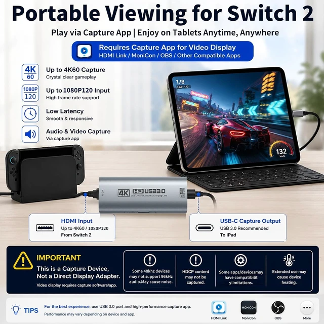 Alt view image 3 of 7 - 4K USB 3.0 HDMI Capture Card for Streaming with PD 100W, 4K@60FPS
2K@120FPS HDMI to USB C/A Capture Card for Streaming, Works with Pad, Tablet, MacOS, Switch2/1, Laptop, PC, Camera, VR, Black