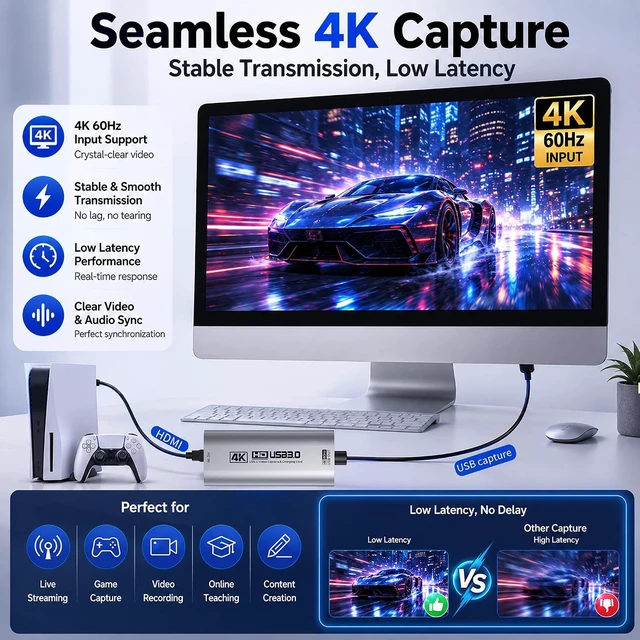Alt view image 4 of 7 - 4K USB 3.0 HDMI Capture Card for Streaming with PD 100W, 4K@60FPS
2K@120FPS HDMI to USB C/A Capture Card for Streaming, Works with Pad, Tablet, MacOS, Switch2/1, Laptop, PC, Camera, VR, Black