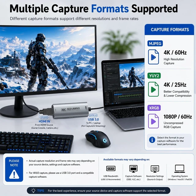 Alt view image 7 of 7 - 4K USB 3.0 HDMI Capture Card for Streaming with PD 100W, 4K@60FPS
2K@120FPS HDMI to USB C/A Capture Card for Streaming, Works with Pad, Tablet, MacOS, Switch2/1, Laptop, PC, Camera, VR, Black