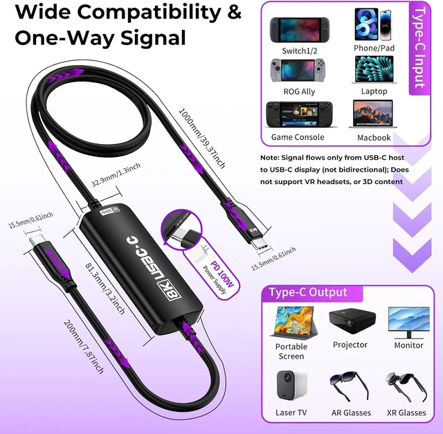 Alt view image 7 of 7 - USBC to AR Glasses Video Cable, 8K30Hz |4K144Hz |1080P240Hz, AR Hub
PD 3.0 Charge & Play, 3.93ft Handheld Hub, Switch 2/1 TV Dock, USBC Display for Portable Monitors & Type-C Devices (Black)