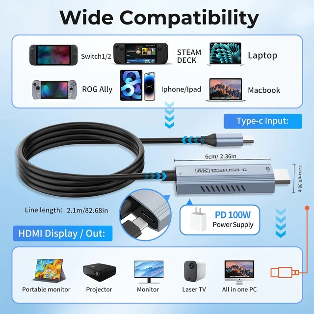 Alt view image 2 of 7 - USB-C to HDMI Cable, 67in HDR & ALLM, 8K@60Hz / 4K@144Hz, PD100W, USB-C Video Output for Switch 2 Dock, Capture Cards, TVs, Handheld Consoles (Silver)