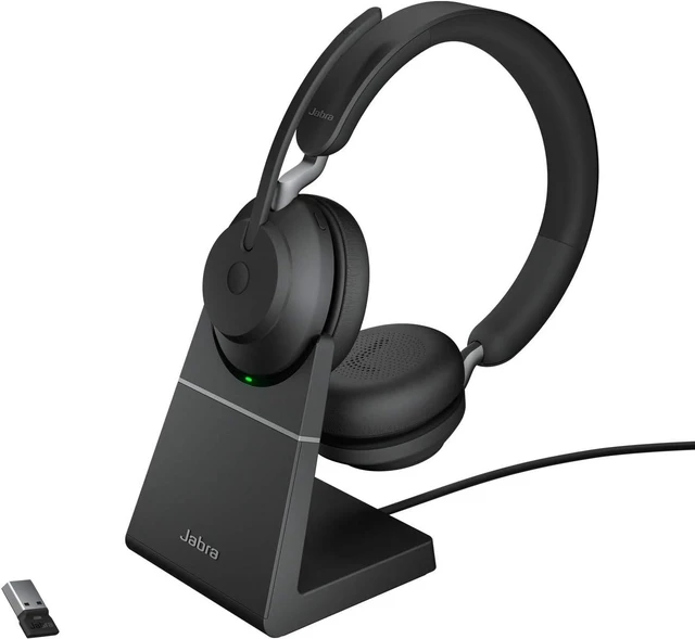 Main image of Jabra Evolve2 65 Bluetooth Wireless Headset with Mic for Calls and Music, Dual-Ear Headphones with USB-A Adapter and Charging Stand, Up to 37 Hours Battery, Works with Microsoft Teams, Black