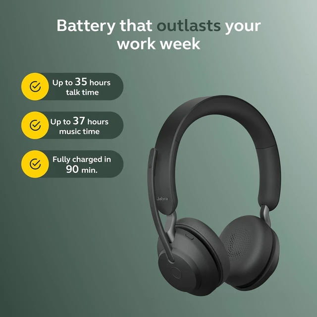Alt view image 6 of 7 - Jabra Evolve2 65 Bluetooth Wireless Headset with Mic for Calls and Music, Dual-Ear Headphones with USB-A Adapter and Charging Stand, Up to 37 Hours Battery, Works with Microsoft Teams, Black