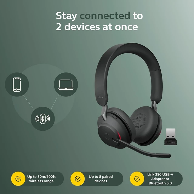 Alt view image 7 of 7 - Jabra Evolve2 65 Bluetooth Wireless Headset with Mic for Calls and Music, Dual-Ear Headphones with USB-A Adapter and Charging Stand, Up to 37 Hours Battery, Works with Microsoft Teams, Black