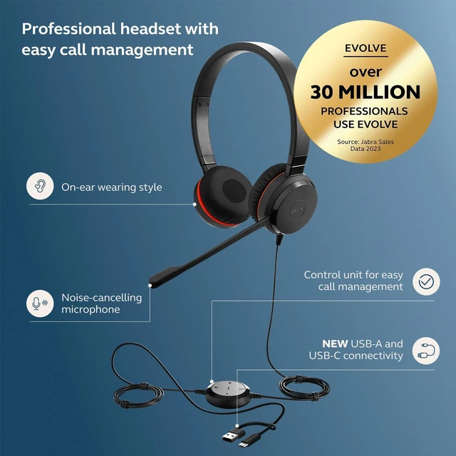 Alt view image 6 of 6 - Jabra Evolve 20 SE Wired Dual-Ear Headset with Microphone for Work, USB-A and USB-C Wired Headphones, Microsoft Teams Certified, On-Ear Comfort, Connects to Laptops, iPhone & Android Devices