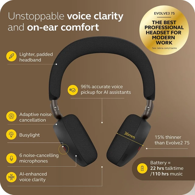 Alt view image 3 of 7 - Jabra Evolve3 75 On-Ear Wireless Bluetooth Headset with Microphone, Black
USB-C, AI Voice Call Technology, Advanced ANC, 22-Hour Battery, Microsoft Teams Certified
