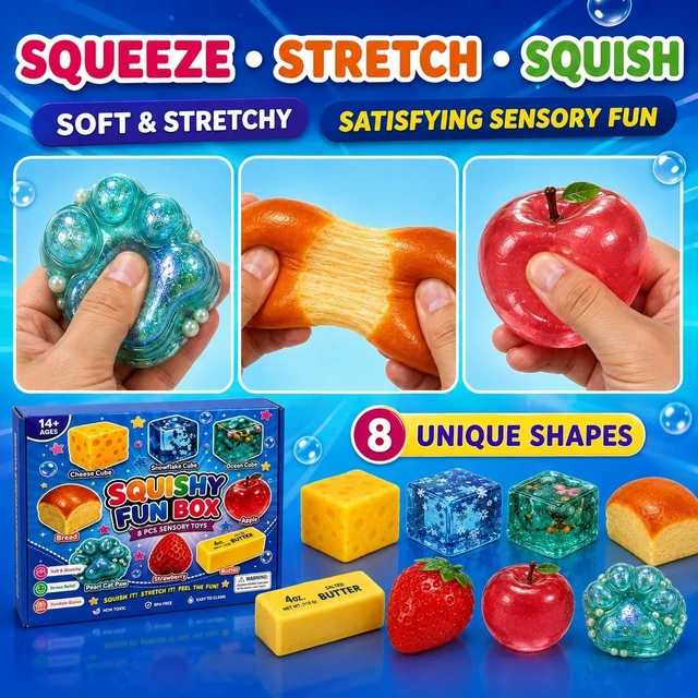 Alt view image 4 of 7 - 8Pcs Squishy Fun Box Set, 2026 Squeeze Fidget Kit with Big Mini Real Squishies, Soft Stretchy Sensory Pack for Adults Teens Anxiety Stress Relief, Cute Desk Decor & Surprise Holiday Birthday Gift