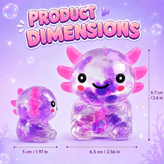 Alt view image 4 of 6 - 2 Packs Axolotl Squishy Toy, Glitter Fidget Toys Cute Axolotl Stress Relief Squeeze Toy Gifts for Kids Adult, Squishies Toys,bluepink Bluepurple