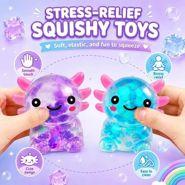 Alt view image 5 of 6 - 2 Packs Axolotl Squishy Toy, Glitter Fidget Toys Cute Axolotl Stress Relief Squeeze Toy Gifts for Kids Adult, Squishies Toys,bluepink Bluepurple