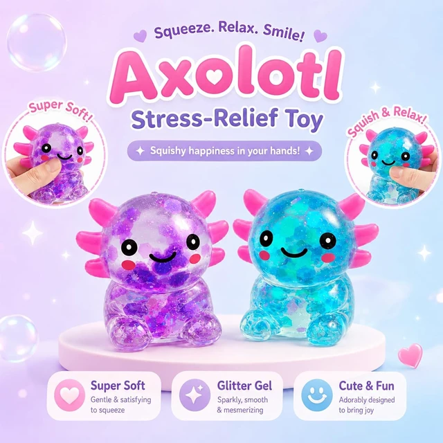 Alt view image 2 of 6 - 2 Packs Axolotl Squishy Toy, Glitter Fidget Toys Cute Axolotl Stress Relief Squeeze Toy Gifts for Kids Adult, Squishies Toys,bluepink Bluepurple