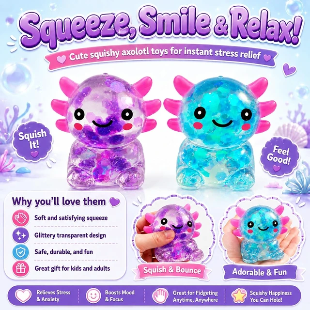 Alt view image 3 of 6 - 2 Packs Axolotl Squishy Toy, Glitter Fidget Toys Cute Axolotl Stress Relief Squeeze Toy Gifts for Kids Adult, Squishies Toys,bluepink Bluepurple